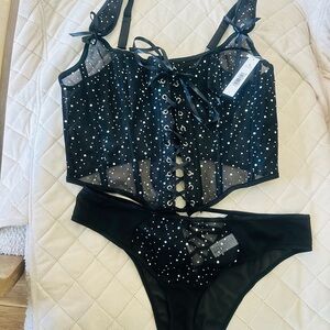 Adore Me Black Rhinestone Lace-Up Bandeau Set